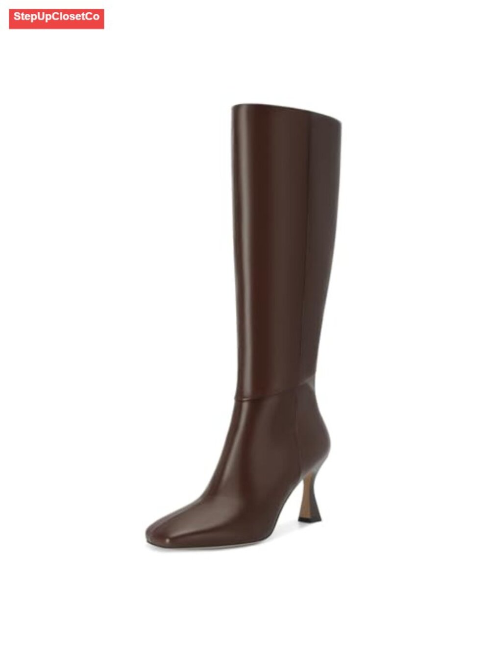 Knee High Boots Women Square Toe Kitten Heeled Side Zipper Faux Leather